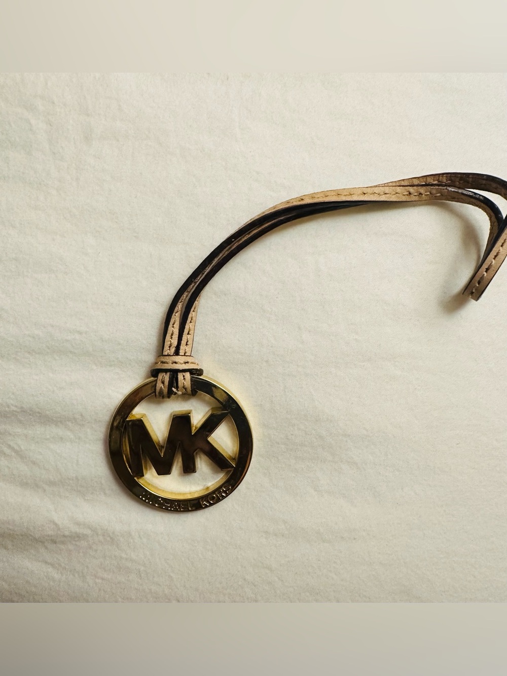 Michael Kors Gold-Tone MK Logo Charm on Beige Leather Strap